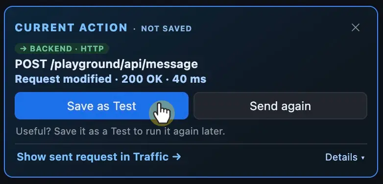 Completed unsaved Current Action with the Save as Test button