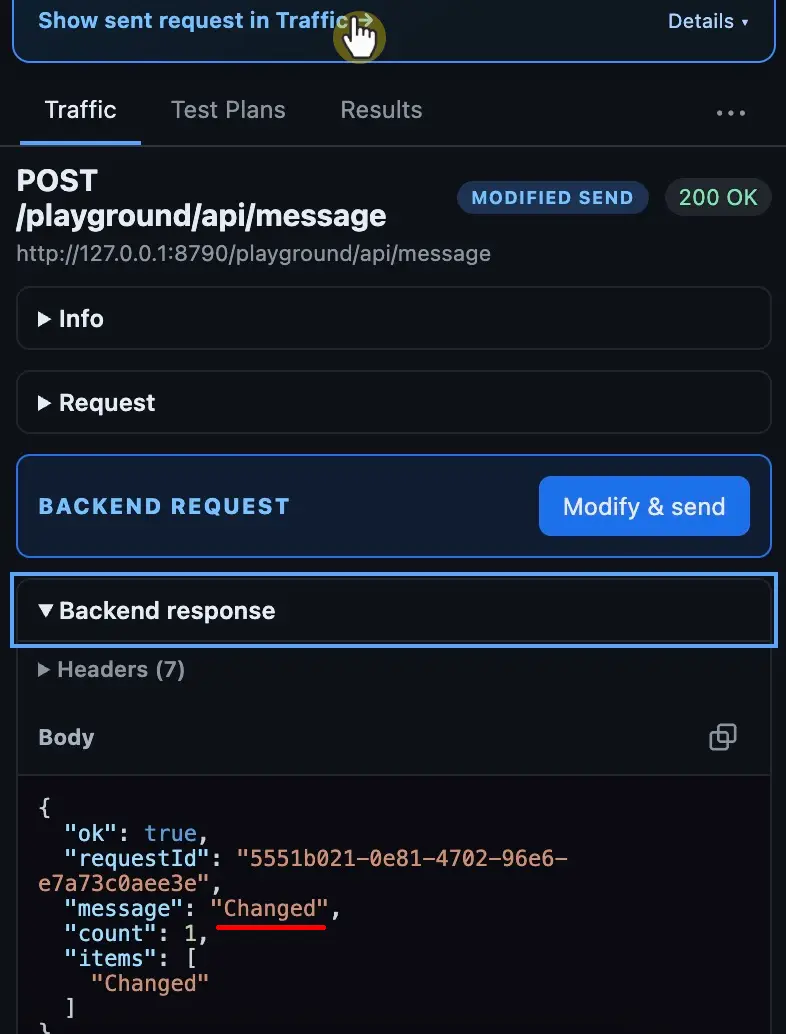 Response to the modified send with message Changed in HTTP Traffic