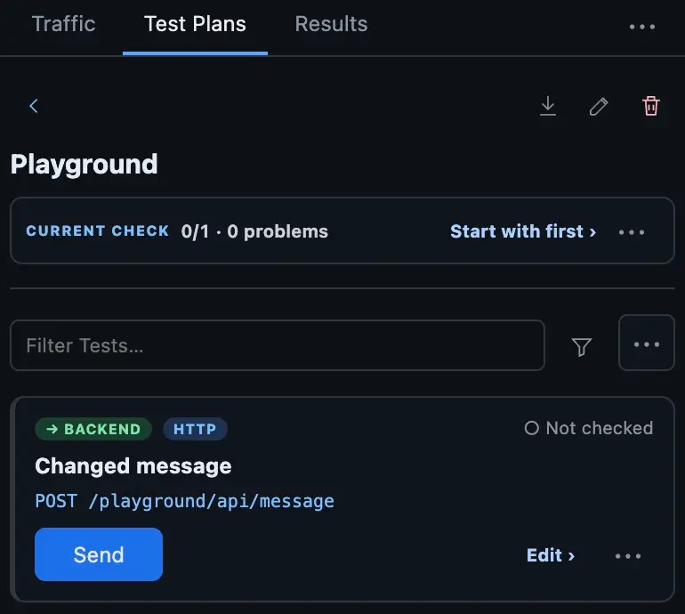 Saved Changed message Backend HTTP Test with its Send button