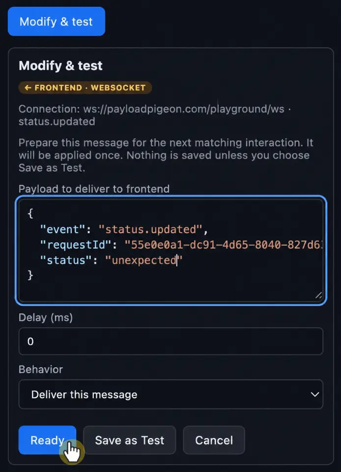 Modify and test editor for an incoming WebSocket status updated message