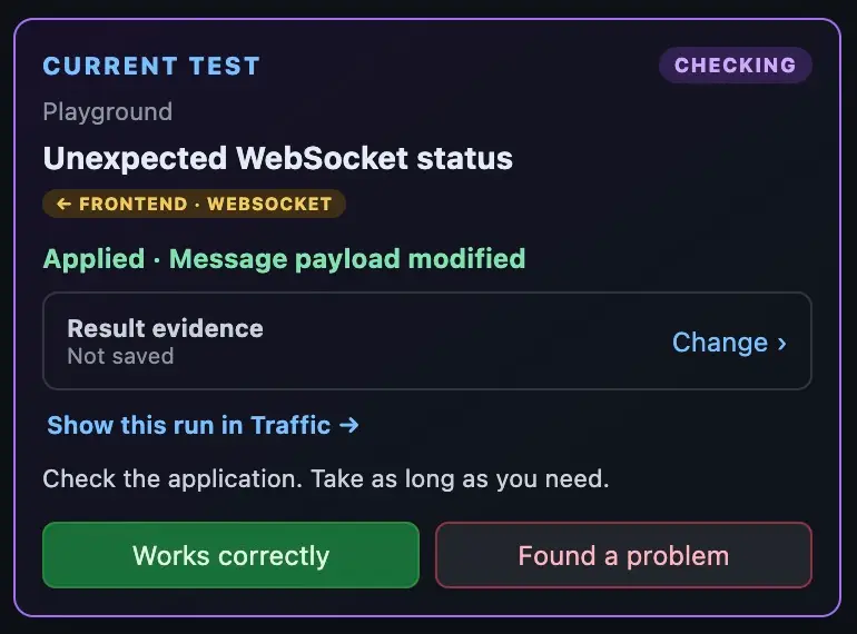 Unexpected WebSocket status Current Test in CHECKING before an outcome is selected